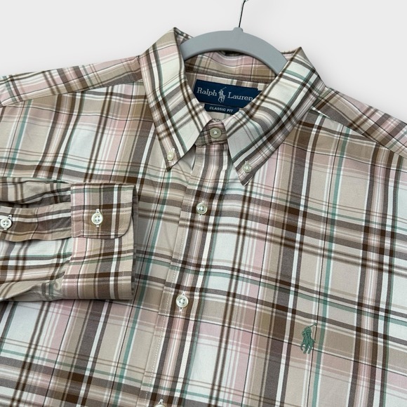 Ralph Lauren Shirt Mens XL Beige Green Plaid Button Down Long Sleeve Classic Fit - Picture 1 of 13